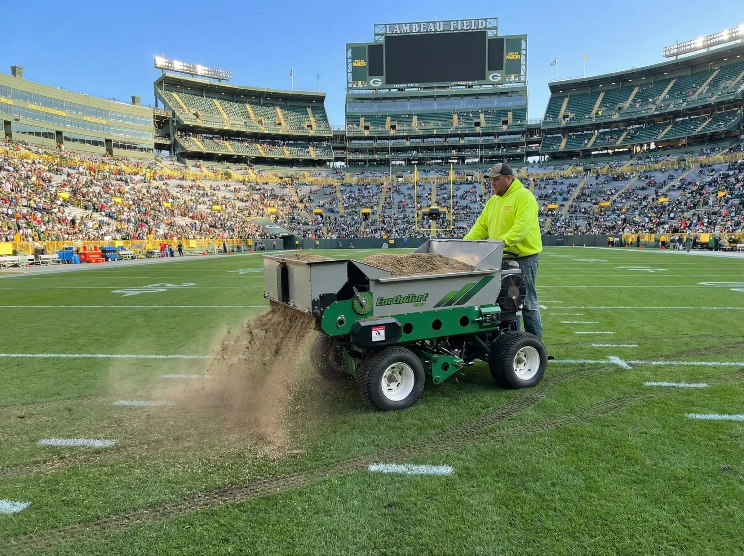 Crappy Lawn Care owner Troy with top dressing equipment